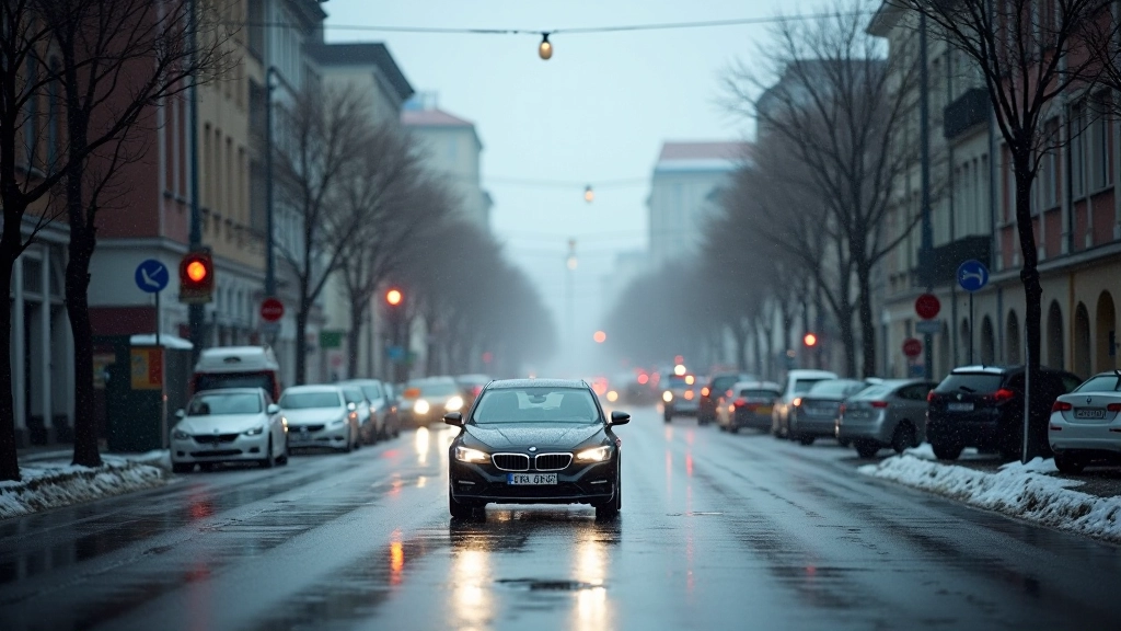 Sarežģīts ceļu laukums ar sniegu, lietu, satiksmes regulētājiem un neparedzētiem šķēršļiem, kas parāda autonomās braukšanas izaicinājumus