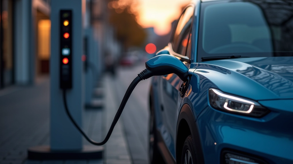 Moderns elektromobilis uzlādes stacijā ar zaļo energoenerģijas indikatoru un LED apgaismojumu