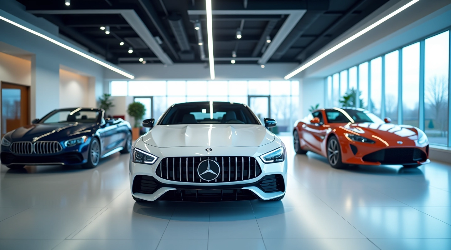 Modernā autosalona telpas ar jaunākajiem automobiļu modeļiem, gaisma un minimālistisks dizains, augstā kvalitāte