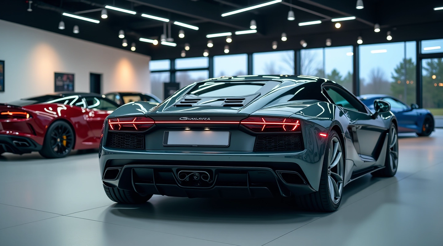 Modernu automobiļu priekšskats izstādes zālē ar LED apgaismojumu